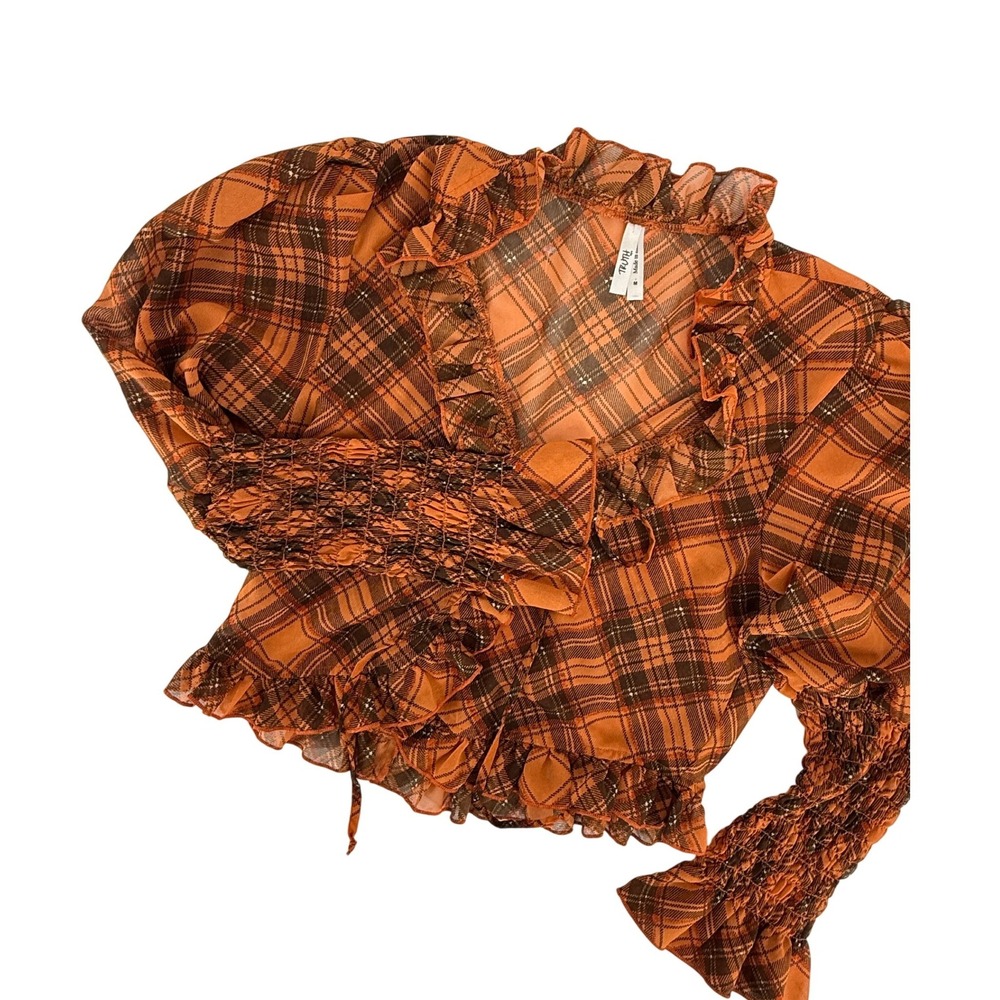 Truth NYC M Y2K Orange‎ Brown Plaid Ruffle Tie Smocked Bishop Sleeve Crop Blouse